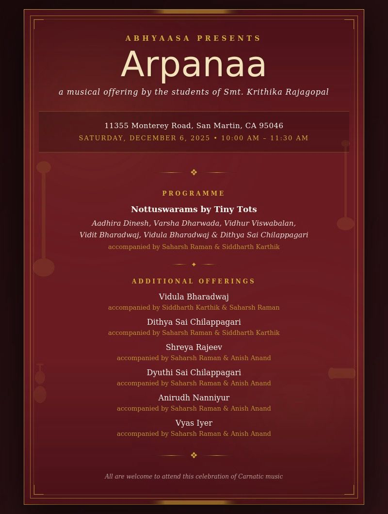 Arpanaa Event Poster - Carnatic Music Concert at San Martin Hindu Temple